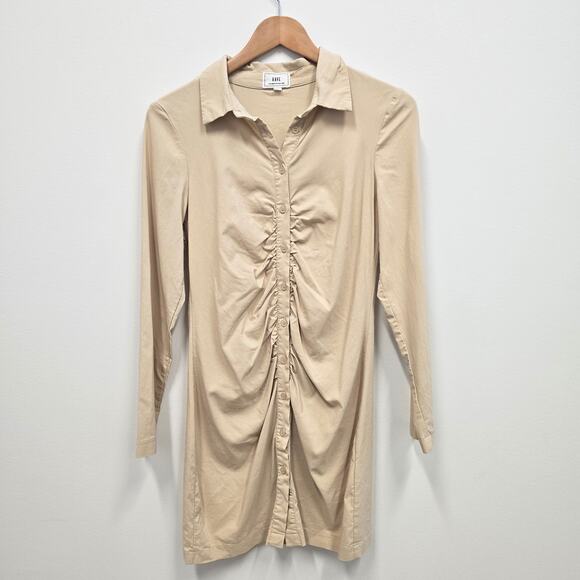 HAVE Los Angeles Beige Ruffle Front Ruched Bodycon Dress Sz L - Picture 2 of 8